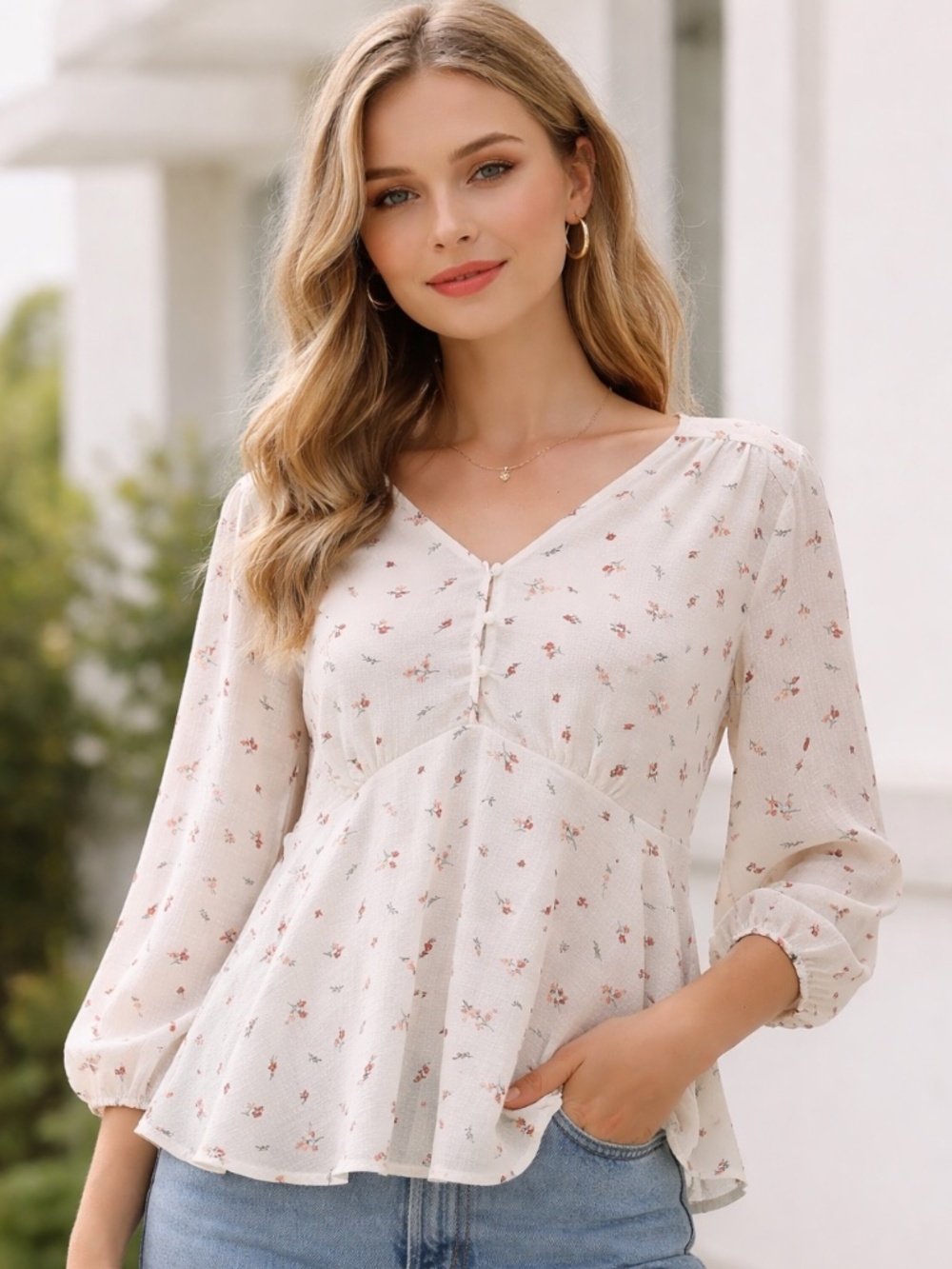 Zenobia Floral Babydoll Blouse 1X Ivory Boho Peasant Top Cottagecore Flowy